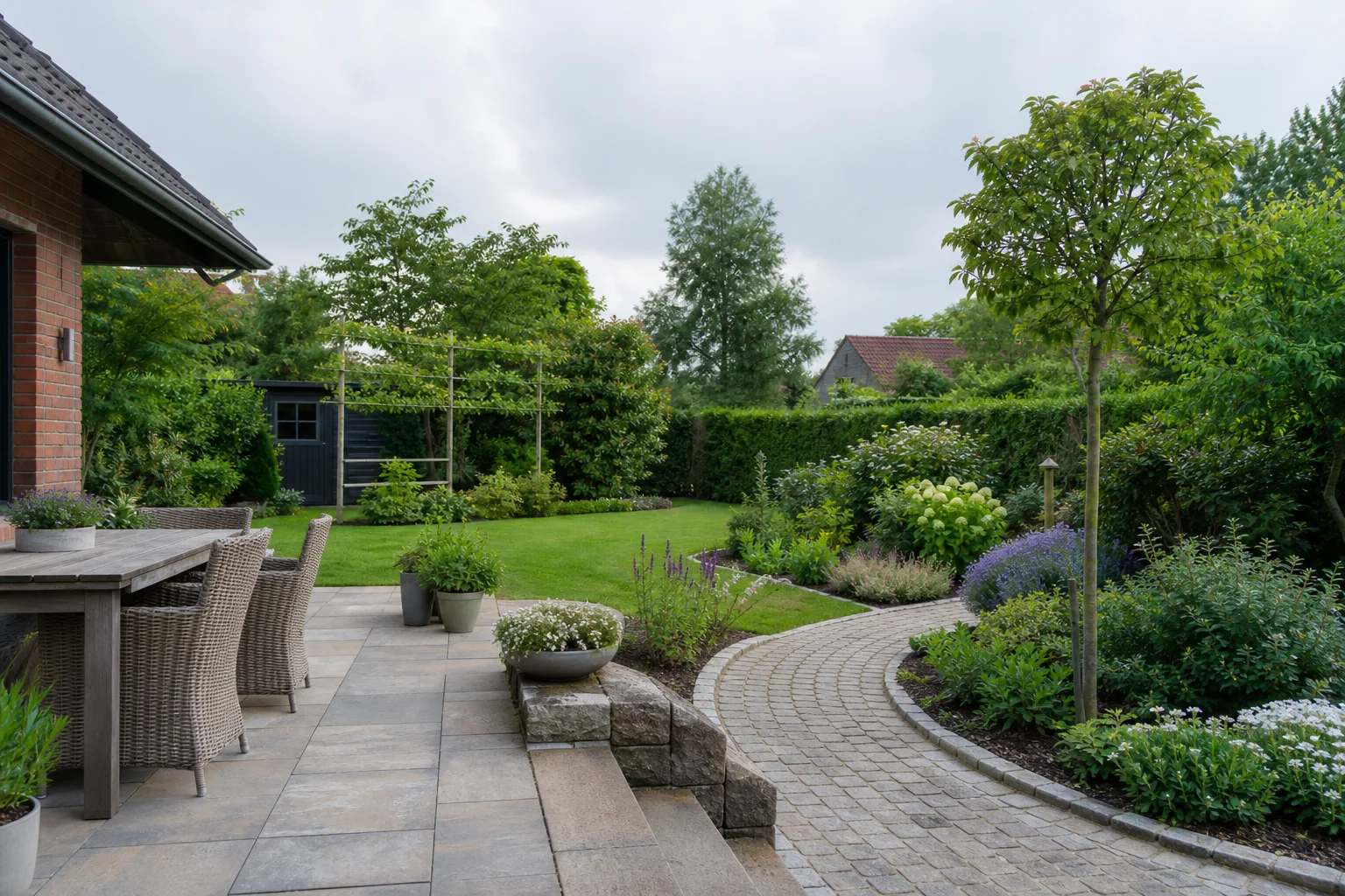 Beispielbild für Gartenplanung und Gartengestaltung: strukturierter Garten mit Terrasse, Pflasterweg, Rasen und Bepflanzung