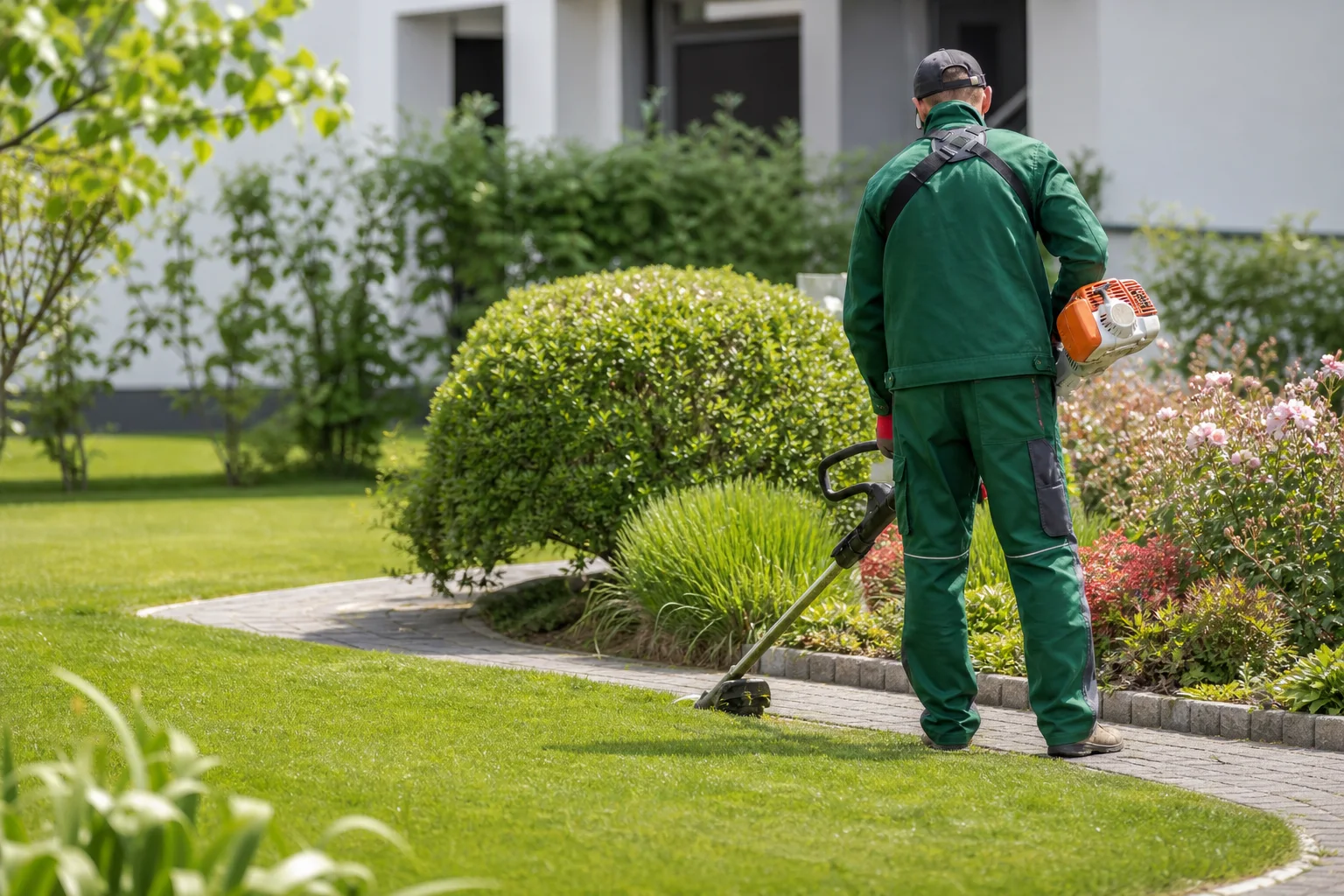 Beispielbild für Grundstückspflege: Gartenarbeiter pflegt Rasenkanten und Beetbereiche in einem gepflegten Garten