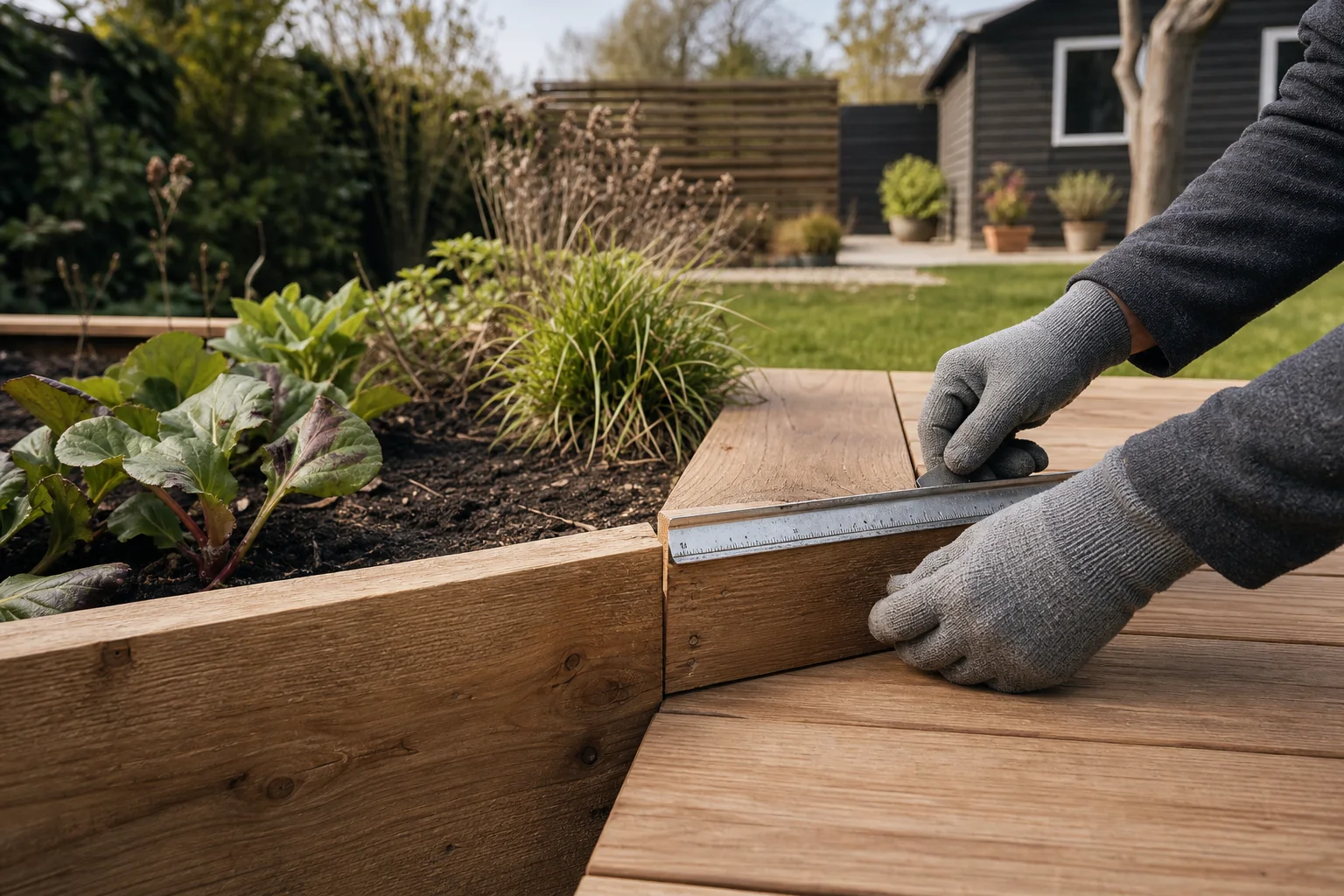 Beispielbild für Holzarbeiten: Hände messen Holzbohlen an einer Terrasse mit Beetkante im Garten