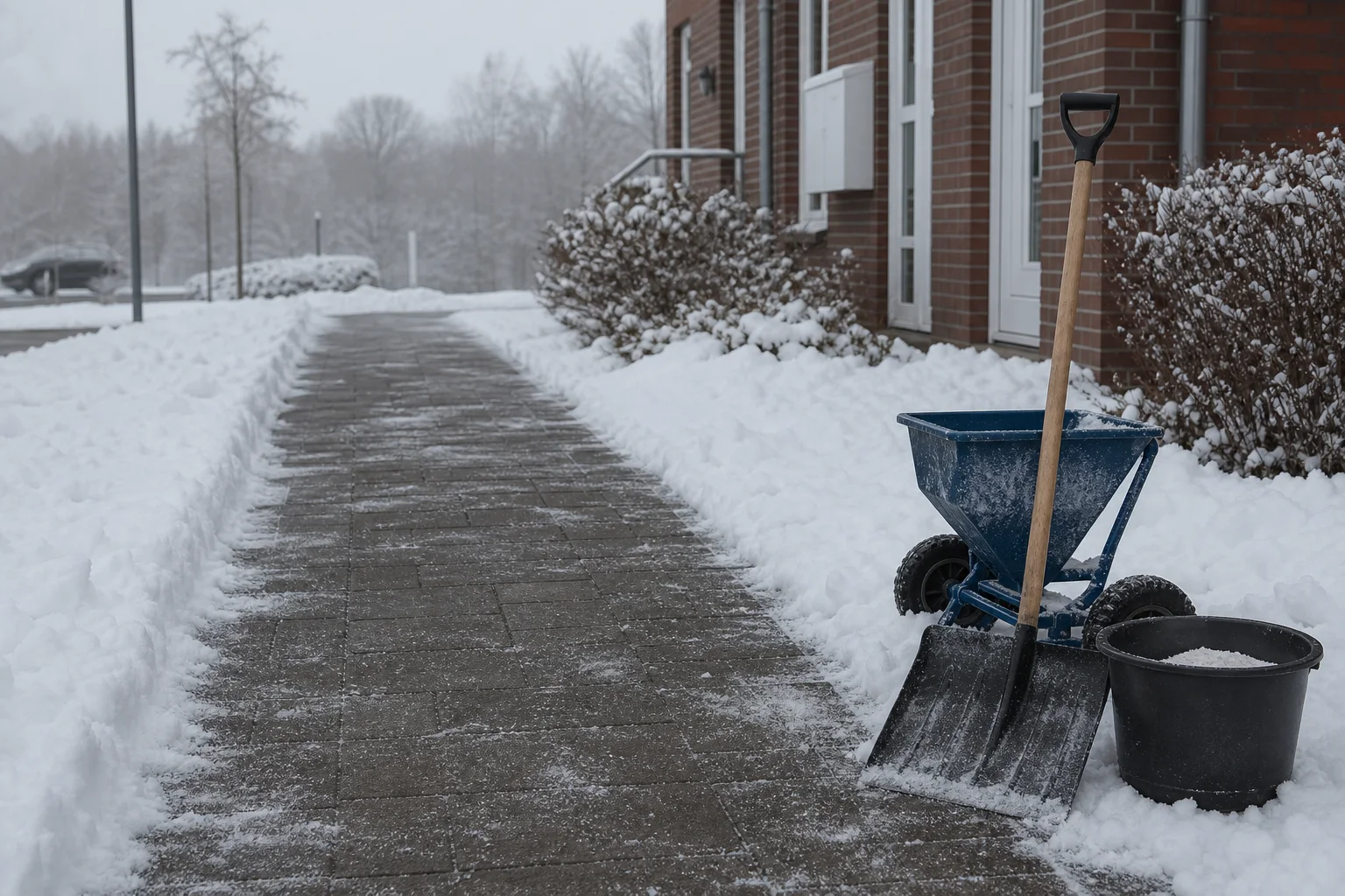 Geräumter Gehweg mit Schneeschieber und Streuwagen als Beispiel für Winterdienst